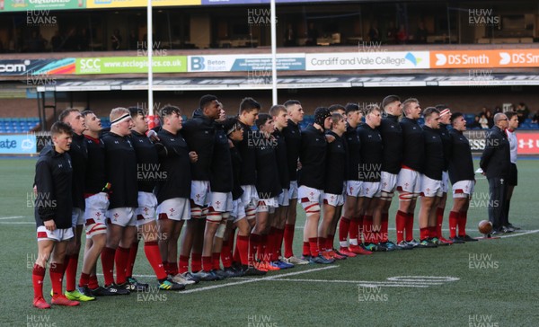 170319 - Wales U18 v France U18, Under 18 International - The Wales U18 team lineup for the anthems at the start of the match