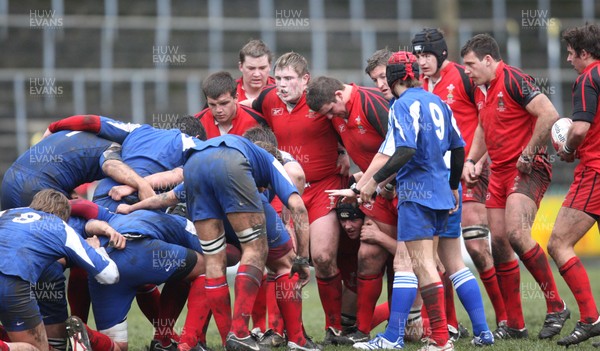 24.02.08 .. Wales U18 XV v France U18 Academy, Ebbw Vale -  The Welsh pack prepare to take on the French in the scrum 