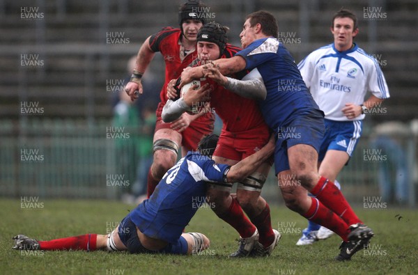 24.02.08 .. Wales U18 XV v France U18 Academy, Ebbw Vale -  Wales' Dave Francis is brought down 