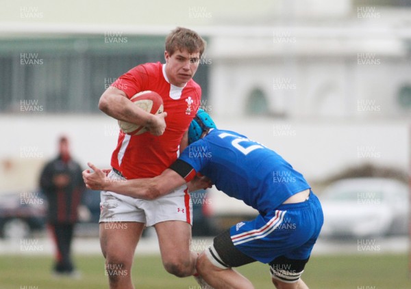 240213 Wales U18 v France U18 - U18 Championship -Wales' Angus O'Brien kicks a goal 