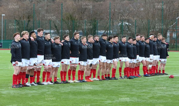 310318 - Wales U18 v France U18, U18s Six Nations Festival, Ystrad Mynach - The Welsh team lines up for the anthem