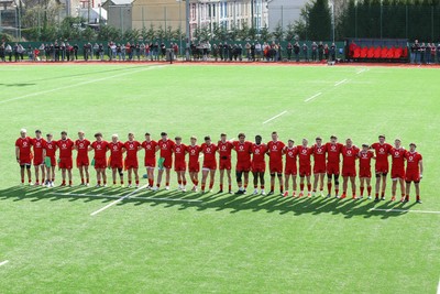 140326 - Wales U18 v Italy U18 - Players of Wales and Italy line up for the Anthems