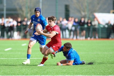 140326 - Wales U18 v Italy U18 - Alfie Luger of Wales is tackled by Pietro Colla of Italy