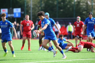 140326 - Wales U18 v Italy U18 - elson Oyekan Misantoni of Italy clears the ball to touch
