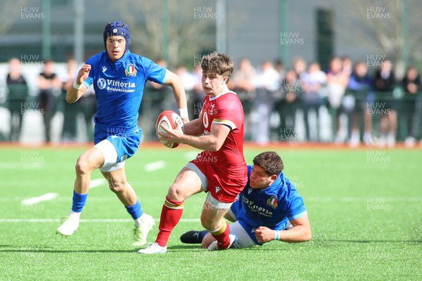 140326 - Wales U18 v Italy U18 - Alfie Luger of Wales is tackled by Pietro Colla of Italy