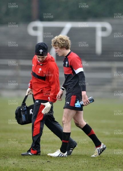 120213 - Wales U18 v Leicester Tigers Academy -   Angus O'Brien of Wales leaves the field injured 