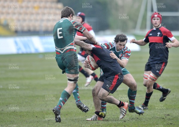 120213 - Wales U18 v Leicester Tigers Academy -   Torin Myhill of Wales is tackled 