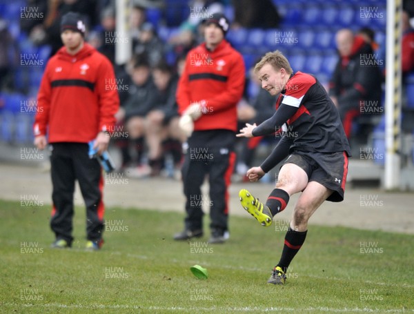 120213 - Wales U18 v Leicester Tigers Academy -   Luke Price of Wales kicks the conversion