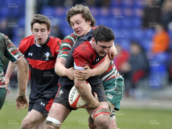 120213 - Wales U18 v Leicester Tigers Academy -   Calum Davies of Wales is tackled by Will Owen of Leicester Academy