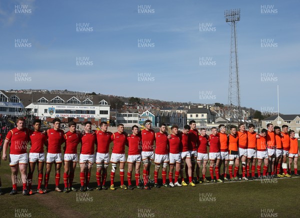 250316 - Wales U18 v Scotland U18, U18 International Series - The Welsh team , with Jim Botham, third left,  during the anthems