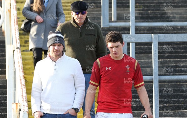 250316 - Wales U18 v Scotland U18, U18 International Series - Jim Botham of Wales with his father Liam Botham and grandfather Sir Ian Botham after he made his debut for Wales U18s against Scotland