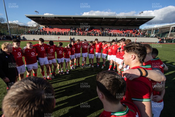 030324 - Wales U18s v Scotland U18s - Friendly - Wales team huddle at full time