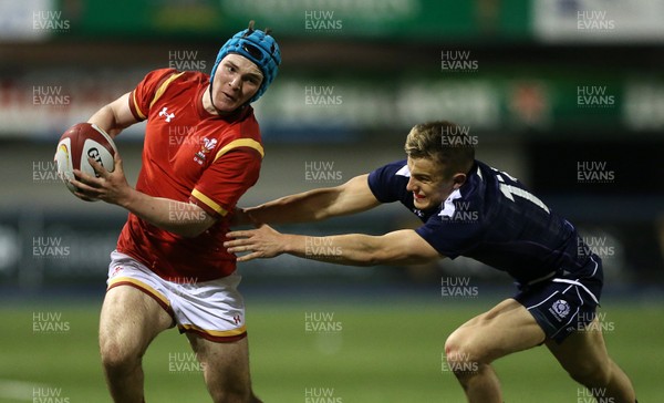 080417 - Wales U18s v Scotland U18s - Under 18 International Series - Tom Hoppe of Wales is tackled by Andrew McLean of Scotland