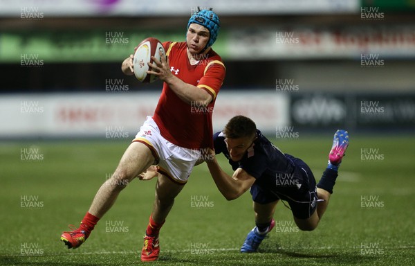 080417 - Wales U18s v Scotland U18s - Under 18 International Series - Tom Hoppe of Wales is tackled by Andrew McLean of Scotland