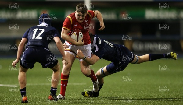 080417 - Wales U18s v Scotland U18s - Under 18 International Series - Rhys Davies of Wales is tackled by Cameron Henderson of Scotland