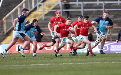 190323 - Wales U18s v Scotland U18s - Friendly - Thomas Bowen of Wales runs in to score a try