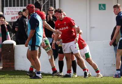 190323 - Wales U18s v Scotland U18s - Friendly - Owain James of Wales celebrates scoring a try