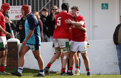 190323 - Wales U18s v Scotland U18s - Friendly - Owain James of Wales celebrates scoring a try