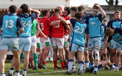 190323 - Wales U18s v Scotland U18s - Friendly - Nick Thomas of Wales celebrates scoring a try with team mates