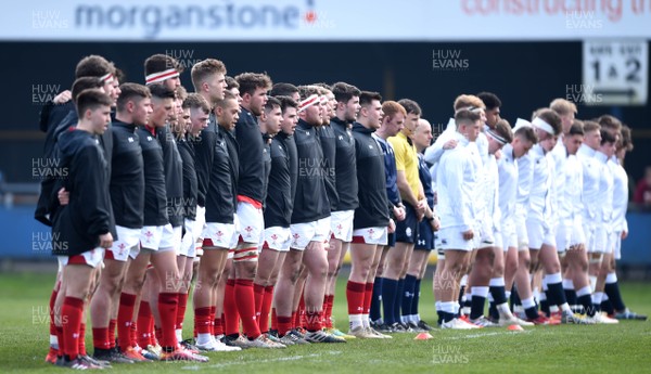 070419 - Wales Under 19 v England Under 19 - Wales and England players during the national anthems