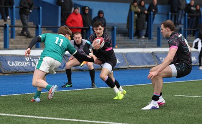 290326 - Wales U19 v Ireland U19 - Noah Morgan of Wales powers over to score try