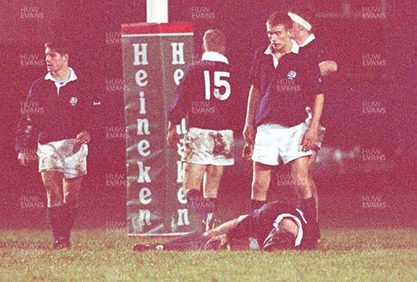 050196 - Wales Schools v Scotland Schools (Under 19s) - Peter Phillips lies injured in Bridgend
