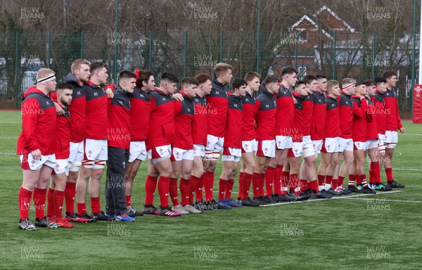 081219 - Wales U19 v Scotland U19, Age Grade International match - The Wales team lineup for the anthems at the start of the match