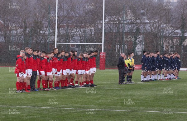 081219 - Wales U19 v Scotland U19, Age Grade International match - The teams lineup for the anthems at the start of the match