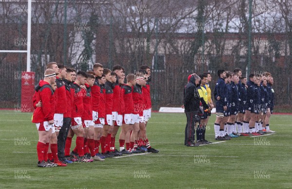 081219 - Wales U19 v Scotland U19, Age Grade International match - The teams lineup for the anthems at the start of the match