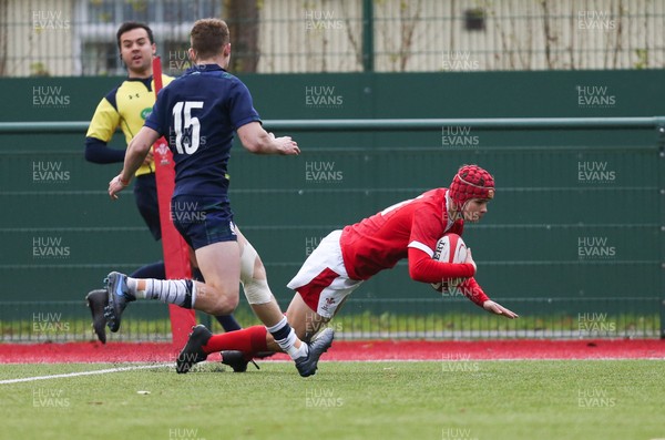 081219 - Wales U19 v Scotland U19, Age Grade International match - Jake Thomas of Wales dives in to score the first try