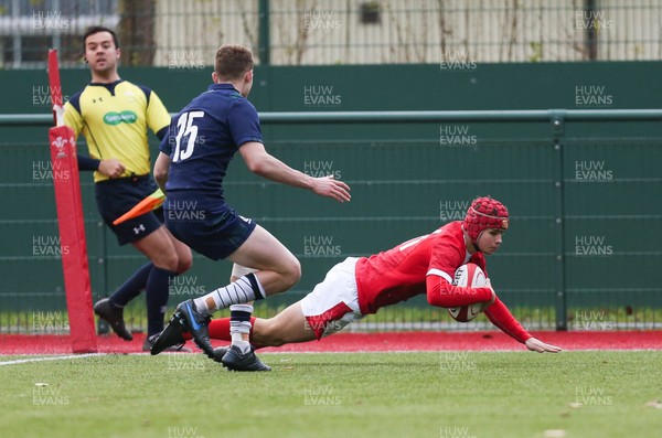 081219 - Wales U19 v Scotland U19, Age Grade International match - Jake Thomas of Wales dives in to score the first try