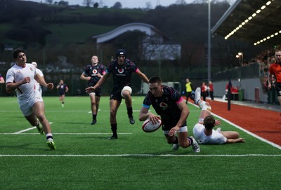 191225 - Wales U19s v England U19s - International Friendly - Luca Woodyatt of Wales scores a try