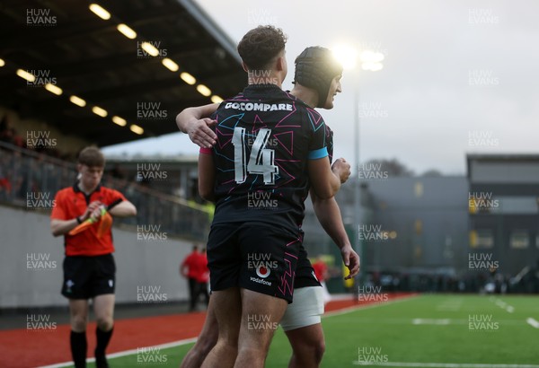 191225 - Wales U19s v England U19s - International Friendly - Rhys Cole of Wales celebrates scoring a try with team mates