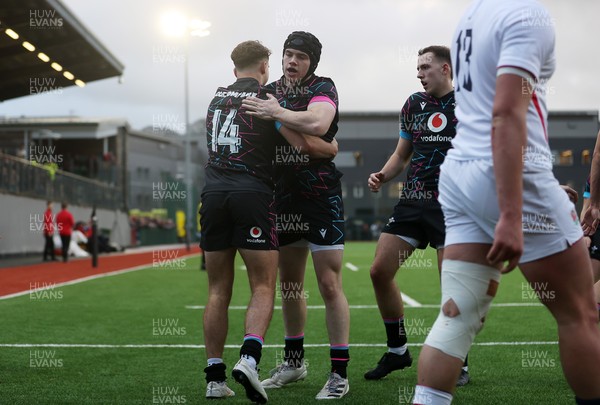 191225 - Wales U19s v England U19s - International Friendly - Rhys Cole of Wales celebrates scoring a try with team mates