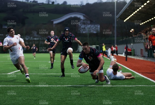 191225 - Wales U19s v England U19s - International Friendly - Luca Woodyatt of Wales scores a try