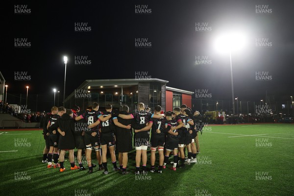 191225 - Wales U19s v England U19s - International Friendly - Wales team huddle at full time