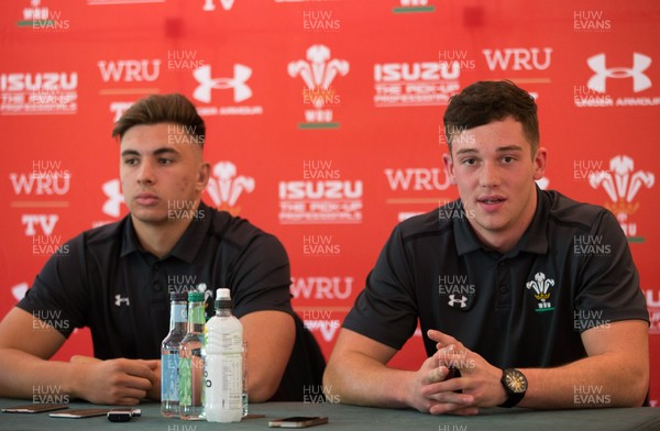 230518 - Wales U20 Media Conference -Taine Basham, left, and Joe Goodchild during media conference ahead of the World Rugby U20 Championship