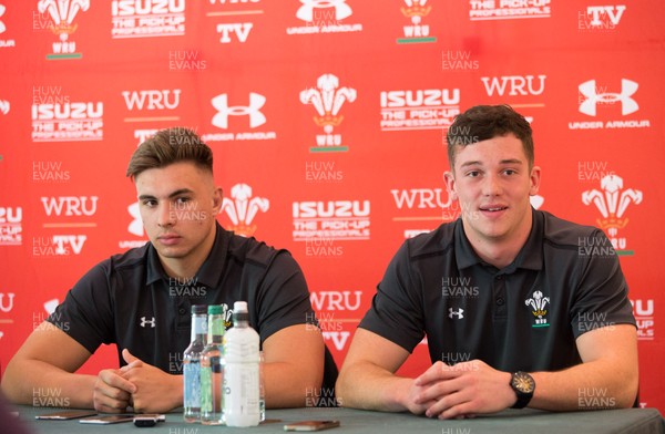 230518 - Wales U20 Media Conference -Taine Basham, left, and Joe Goodchild during media conference ahead of the World Rugby U20 Championship