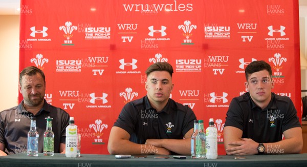 230518 - Wales U20 Media Conference - Chris Horsman, coach, Taine Basham, centre, and Joe Goodchild during media conference ahead of the World Rugby U20 Championship