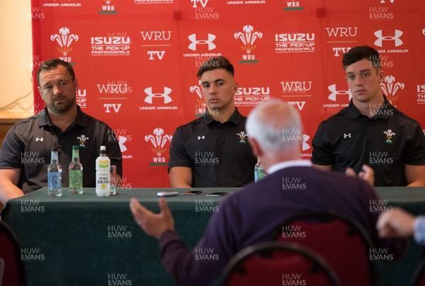 230518 - Wales U20 Media Conference - Chris Horsman, coach, Taine Basham, centre, and Joe Goodchild during media conference ahead of the World Rugby U20 Championship