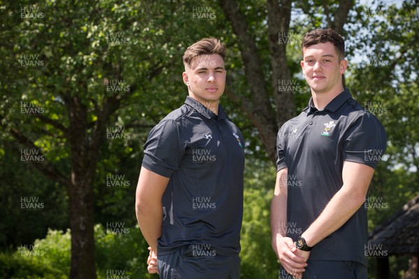 230518 - Wales U20 Media Conference -Taine Basham, left, and Joe Goodchild after media conference ahead of the World Rugby U20 Championship