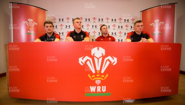 200117 - Wales U20 Press Conference - Wales U20 head coach Jason Strange with U20 squad members, left to right, Arwel Robson, Shane Lewis-Hughes and Ioan Nicholas by Gareth Everett