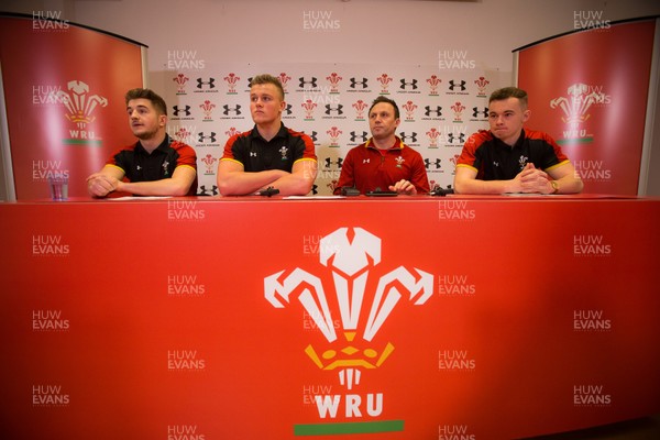 200117 - Wales U20 Press Conference - Wales U20 head coach Jason Strange with U20 squad members, left to right, Arwel Robson, Shane Lewis-Hughes and Ioan Nicholas by Gareth Everett