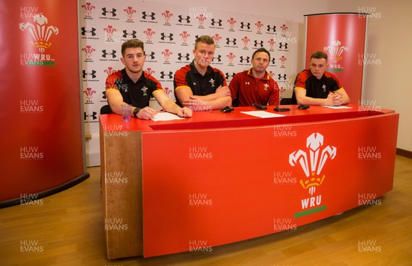 200117 - Wales U20 Press Conference - Wales U20 head coach Jason Strange with U20 squad members, left to right, Arwel Robson, Shane Lewis-Hughes and Ioan Nicholas by Gareth Everett