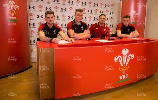 200117 - Wales U20 Press Conference - Wales U20 head coach Jason Strange with U20 squad members, left to right, Arwel Robson, Shane Lewis-Hughes and Ioan Nicholas by Gareth Everett