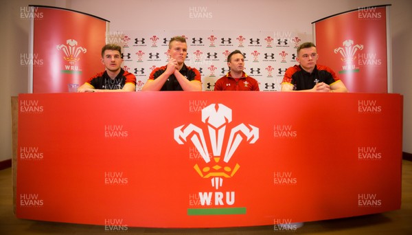 200117 - Wales U20 Press Conference - Wales U20 head coach Jason Strange with U20 squad members, left to right, Arwel Robson, Shane Lewis-Hughes and Ioan Nicholas by Gareth Everett