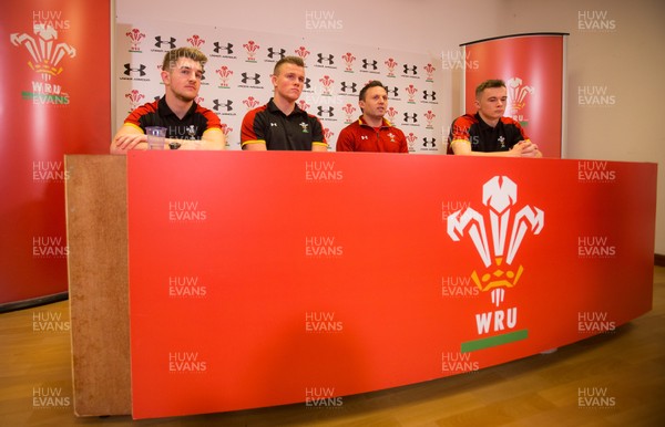 200117 - Wales U20 Press Conference - Wales U20 head coach Jason Strange with U20 squad members, left to right, Arwel Robson, Shane Lewis-Hughes and Ioan Nicholas by Gareth Everett