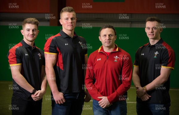 200117 - Wales U20 Press Conference - Wales U20 head coach Jason Strange with U20 squad members, left to right, Arwel Robson, Shane Lewis-Hughes and Ioan Nicholas by Gareth Everett