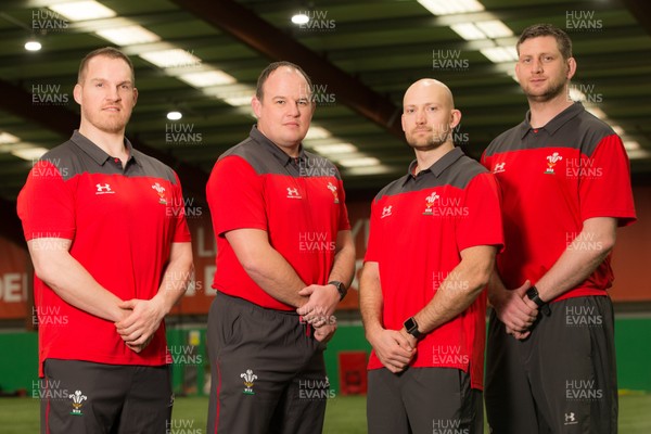 270120 - Wales U20 Coaching Squad - Left to right, Gethin Jenkins, Defence Coach; Gareth Williams, Head Coach; Richard Fussell, Attack Coach and Richard Kelly, Forwards Coach