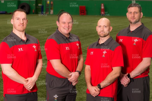 270120 - Wales U20 Coaching Squad - Left to right, Gethin Jenkins, Defence Coach; Gareth Williams, Head Coach; Richard Fussell, Attack Coach and Richard Kelly, Forwards Coach